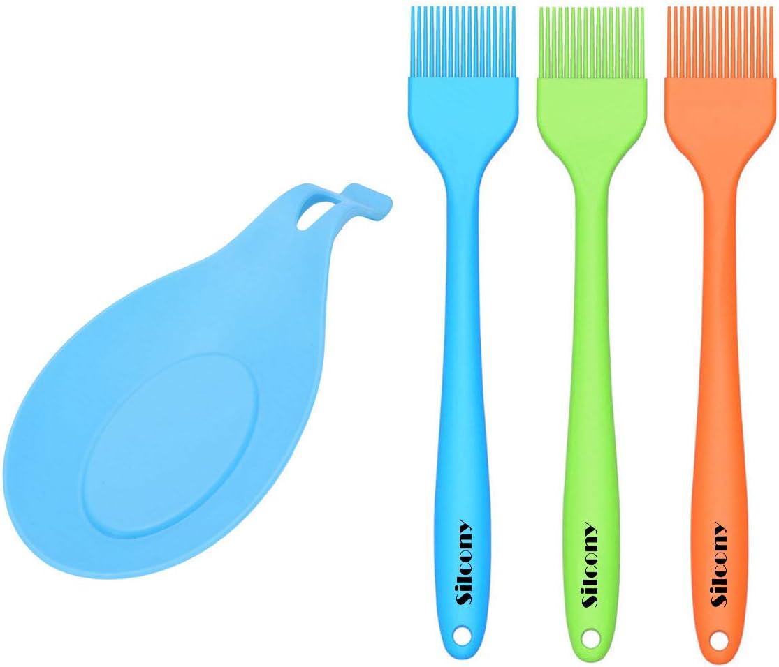 SILCONY 8.4" Silicone Basting Pastry Brush - Perfect for Marinating, Oil Spreading, Baking, Cooking & All Your BBQ & Grilling Needs - Safe & Easy Cleaning (4, 3Pcs 8.4 Inches + Spoon Holder)