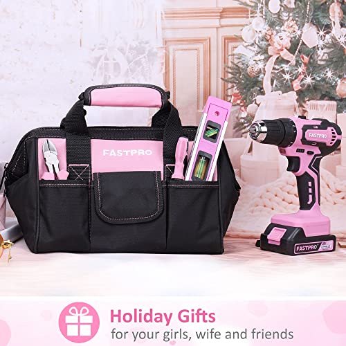 Image of FASTPRO 232-Piece Pink Tool Set with Drill, 20V Cordless Drill Driver and Home Tool Set, Pink Drill Set for Women, Lady's Repairing Kit with 12-Inch Storage Bag, Pink