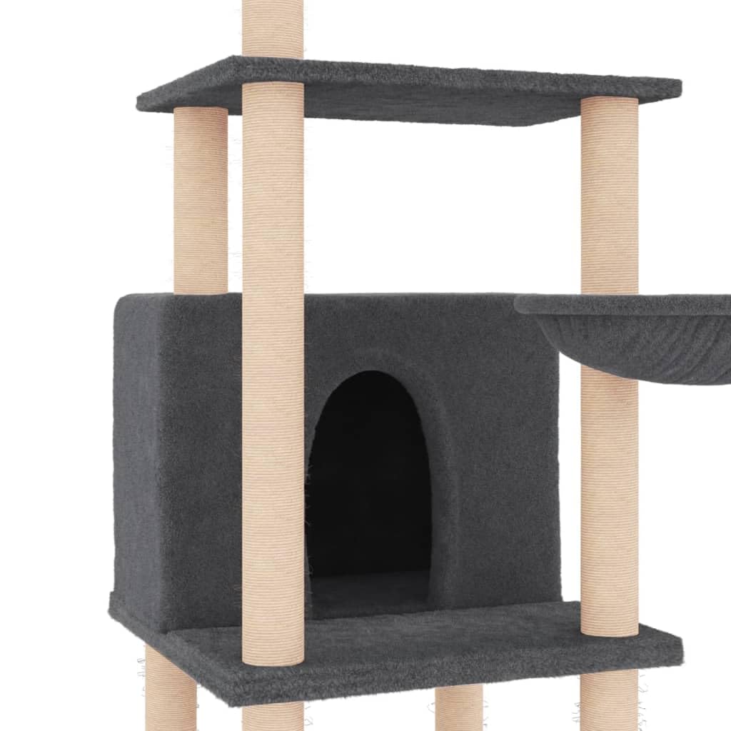 Rascador para gatos, 132 cm, color gris oscuro con troncos de sisal | Torre para gatos de varios pisos para el salón con cueva y cesta para el cuidado de las garras y la relajación.