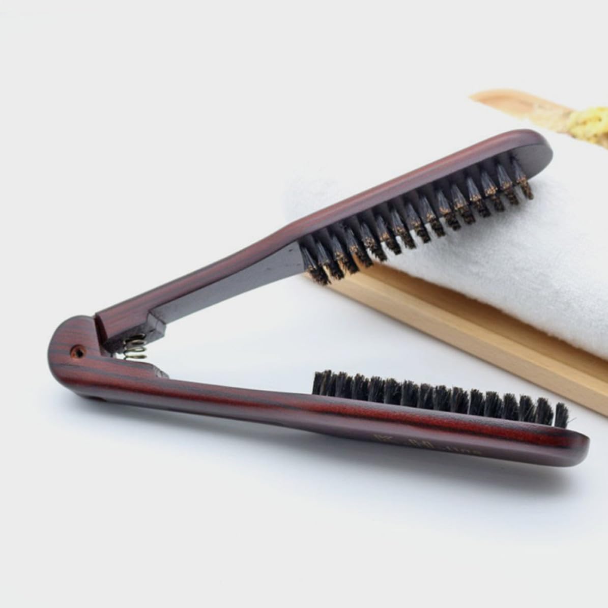 Double Sided Hair Straightener Brush with Wood and Bristle Material Foldable V-shaped Design for Hair Straightening at Home