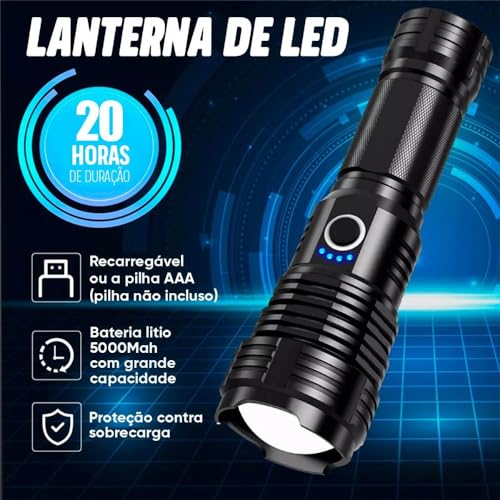 Super Lanterna Tática T9 Militar: LED de Alta Intensidade, Zoom Ajustável, USB Recarregável para Caç