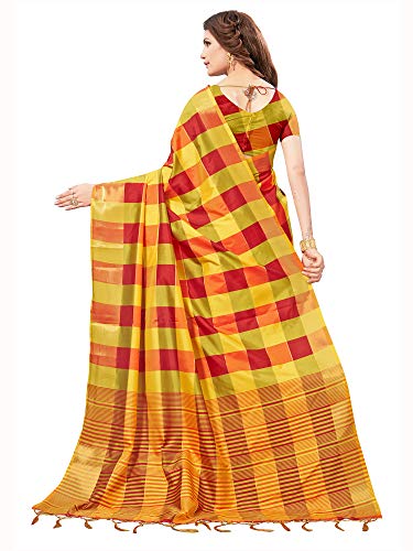Image of AKHILAM Women's Checkered Solid Art Silk Saree with Unstitched Blouse Piece(Yellow PTRCX01G)