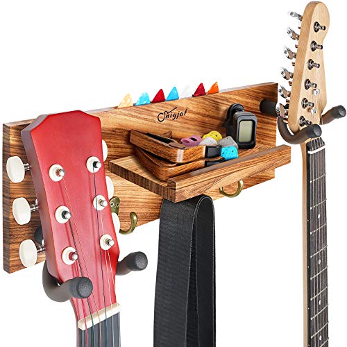 Guitar Holder Wall Mount with Double Rotatable Rubber Hook, Solid Wood Guitar Hanger with Shelf and Pick Holder, Guitar Hanging Rack for Acoustic Electric Guitar, Bass, Banjo, Guitar Accessories