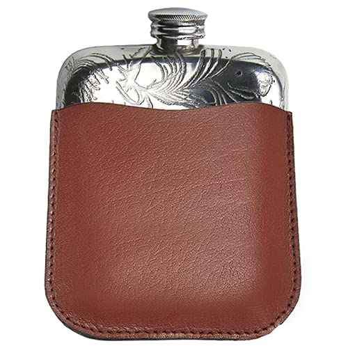 Wentworth-Peacock Pattern 4Oz Pewter Pocket Flask With Leather Pouch -844Pea- Lead-Free Handmade In Uk #TOP8