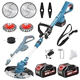 Rasentrimmer für Makita-Akkus mit 4 Klingentypen, Rasentrimmer mit Akku 2 4,0Ah und Unkrautbürste, 180° Faltbar, 750w Bürstenloser Akku Freischneider für Garten Trimming, Blau