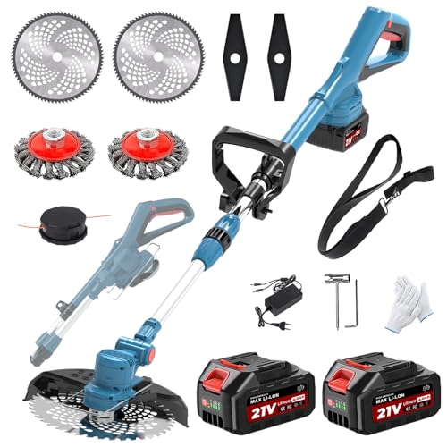 Rasentrimmer für Makita-Akkus mit 4 Klingentypen, Rasentrimmer mit Akku 2 4,0Ah und Unkrautbürste, 180° Faltbar, 750w Bürstenloser Akku Freischneider für Garten Trimming, Blau 1