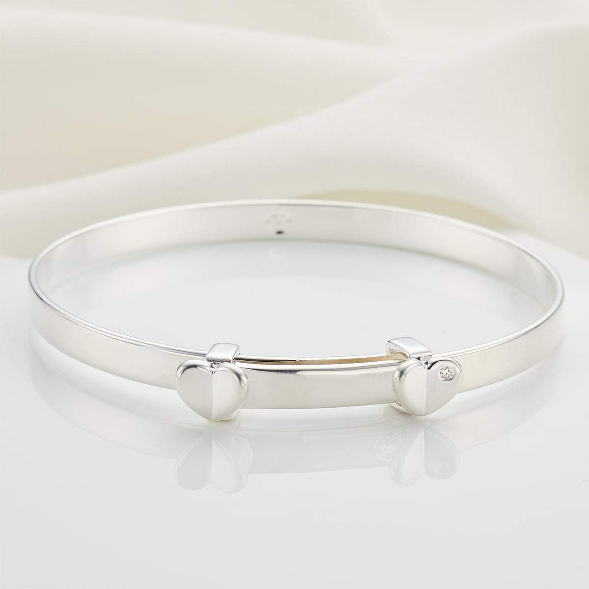 Molly B London Personalized Sterling Silver Folded Love Heart & Diamond Baby Bangle Bracelet. Baptism Bangle | Baby Jewelry | Baby Keepsake | New Baby Gift | Baby Shower & Birthday Gift