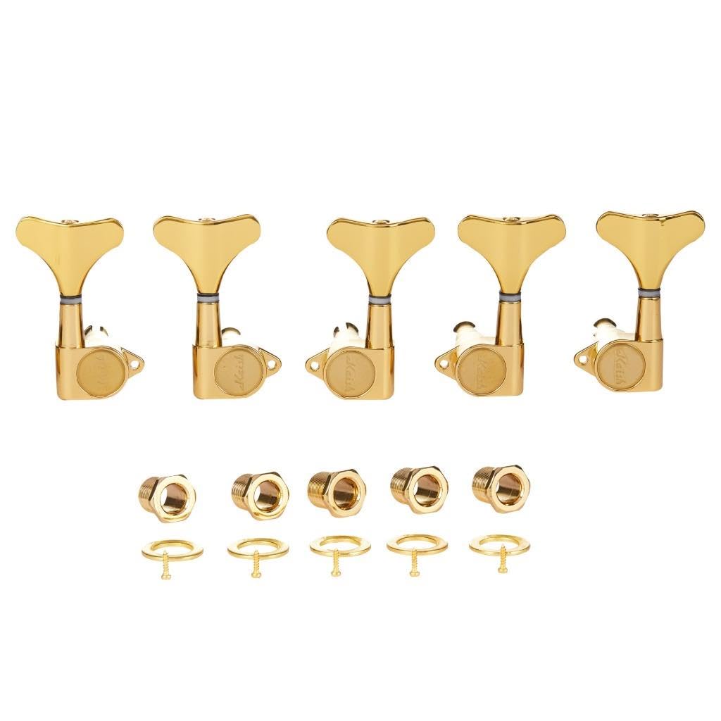 Left Handed 5 String 18:1 Sealed Bass Tuners Lefty Bass Guitar Tuning Keys Pegs Bass Tuning Machines Compatible with Ibanez/Yamaha Style Acoustic/Electric Bass Gold 3L/2R