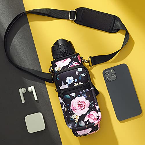 Fimibuke 32 Oz Water Bottle With Sleeve - Bpa Free Leakproof Sport Large 1L Plastic Motivational Water Bottle With Straw & Strap & Insulated Neoprene Holder Carrier Bag For Kid Women Men(A3.Wild Rose) #TOP6