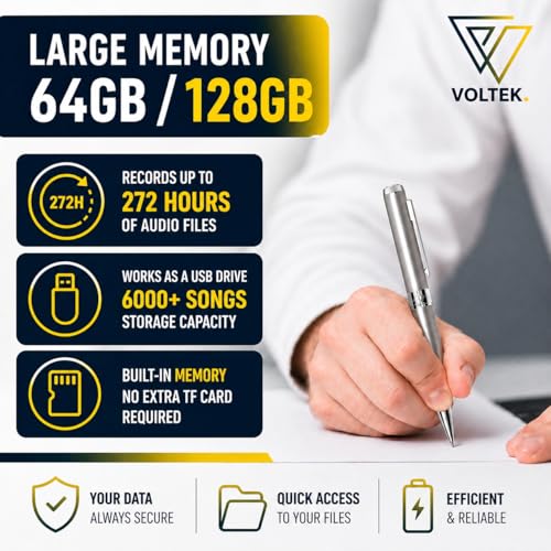 VOLTEK Digital Voice Recorder Pen - 64GB - Mini Audio Recording Device for Meetings - Portable Dictaphone Microphone - Clear Voice Capture - Compact Digital Recorder 5X Inks, Leather Case and Guide
