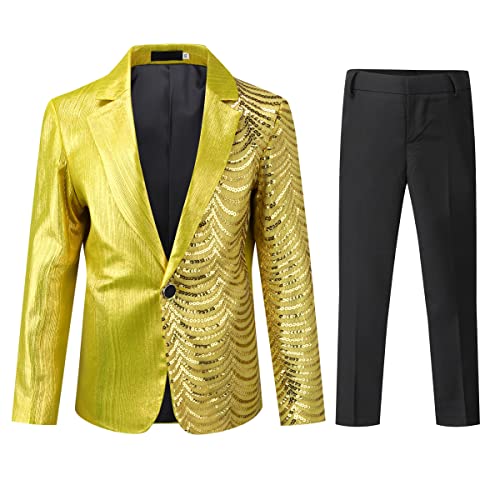 Image of Boys Jacquard Suits Slim Fit Tuxedo Suit Notch Lapel 2 Pieces Suit Set Jacket Pants for Party Formal Wear