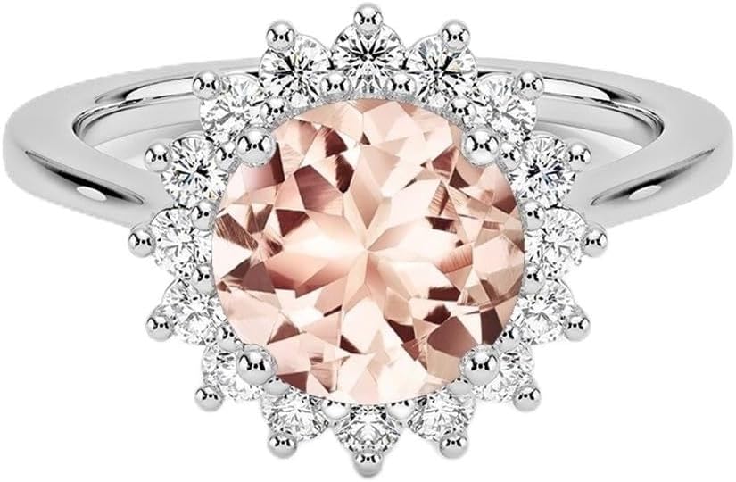 14K White Gold Finish Round Cut Simulated Morganite & Diamond Halo Cluster Sunburst Wedding Engagement Ring for Women's