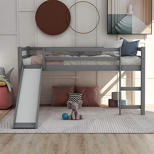 Harper & Bright Designs Loft Bed Twin with Slide, Kids loft Bed,Wood Low Profile for Kids, Built-in Ladder and Guard Rail,No Box Spring Needed,Gray