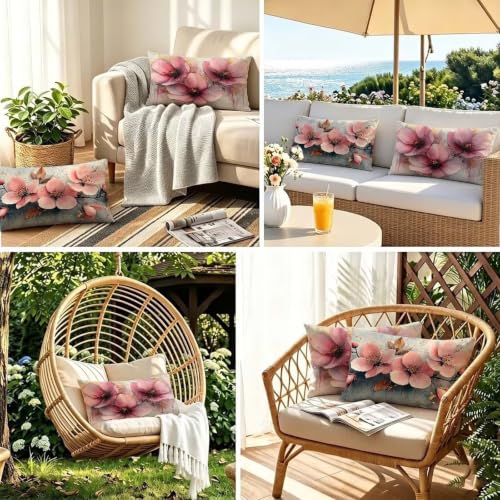 Coussin extérieur imperméable 50x80 effet lin rose de qualité supérieure - 7