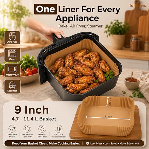 Image of Square Air Fryer Paper Liners 9 Inch, 100 Sheets, Silicone Coated, 100% Virgin Wood Pulp, Oil & Water Proof, Shape Retaining, Non-Stick Disposable Parchment Paper for 7.6-11.4L Air Fryers
