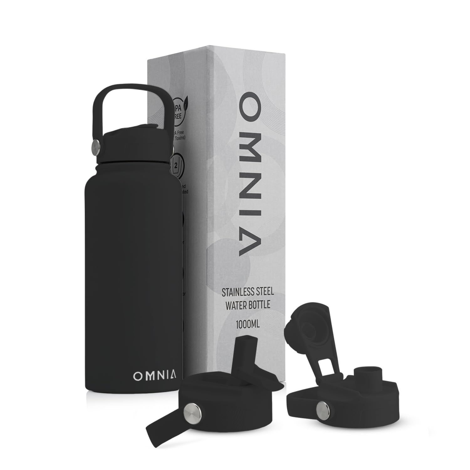 OMNIA NUTRIENTS Vacuum Insulated Stainless Steel Water Bottle, 2 Lids (Straw & Spout) Leakproof, BPA-Free, Reusable Flask Ideal for Travel and Outdoors (Black - 1000 ml)