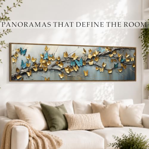 Image of Large Canvas Painting Panel Framed Wall Painting Blue and yellow Butterfly Framed Luxury Paintings for Home Decoration, Living room, Bedroom and Office Decor (Gold, 13x47 Inch)