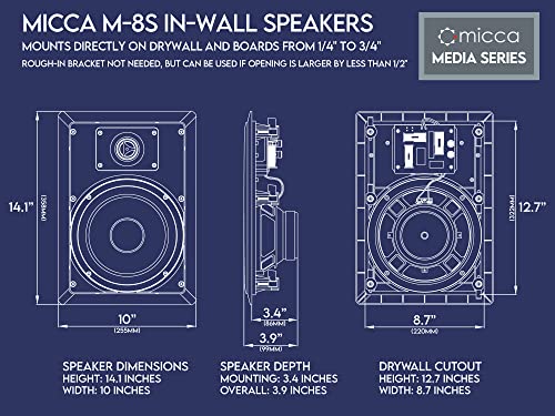 Micca M-8S 8 Inch 2-Way In-Wall Speaker For Home Theater, Whole House Audio, Indoor Or Covered Outdoor Areas, 8" Poly Woofer, 1" Pivoting Silk Tweeter, White, Paintable, Each #TOP4