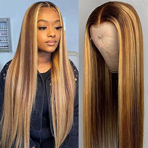 Ombre Brown Honey Blonde T Part Lace Front Wigs with Baby Hair for Women Pre Plucked Highlight Brazilian Virgin Straight Human Hair Middle Part Wig 150% Density 18 Inch