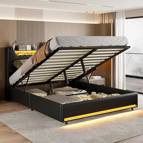 TIMORWTF Lit Coffre 140x190 avec LED et Prise USB, Lit Double avec Rangement Hydraulique et Tête...