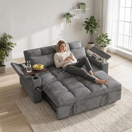 65 Sleeper Sofa Bed 3-in-1 Convertible Sofa Couch Pull-Out Loveseat with Storage Armrests Cup Holders USB Charging Ports & 360 Side Table Chenille Fabric Couch for Living Room (Dark Gray-65)