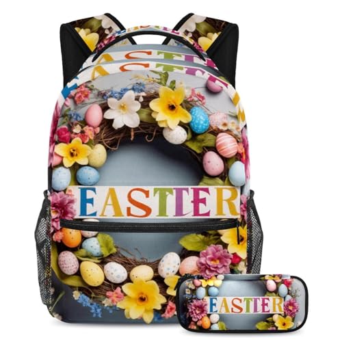 Sac à dos avec trousse blanche imprimé couronne de Pâques pour l'école