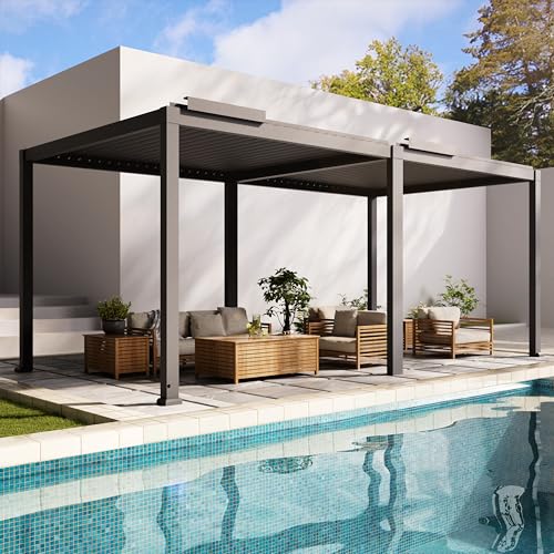 Motorized Aluminum Louver Pergola with LED Lights, 10x20 FT Solar Electric Powered Outdoor Pergola with Remote for Backyard Deck Garden Poolside