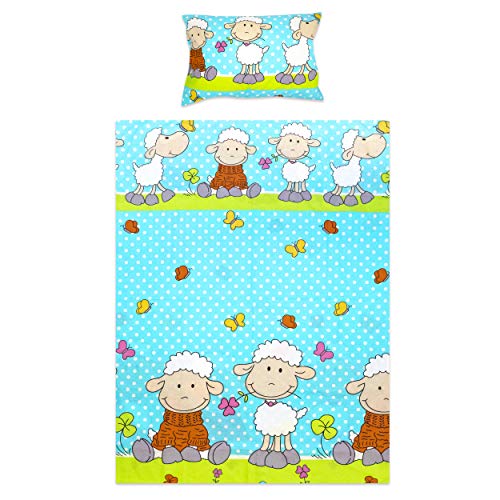 BlueberryShop Niño Juego de Cama, Funda Nórdica 120 x 90 cm, Funda Almohada 40 x 60, para Niños de 0 a 7 Años, Azul Oveja