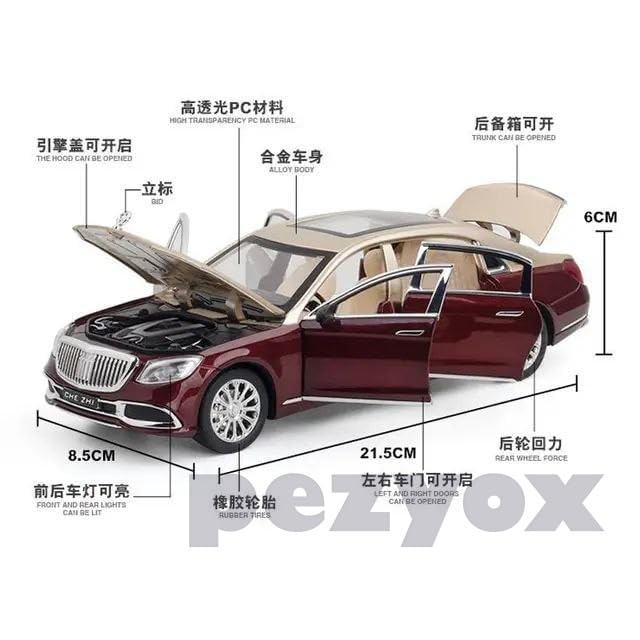 Image of Mercedes Benz Maybach S600 1:24 Big Size Diecast Scale Model Alloy Metal Pull Back Toy car for Kids with Openable Doors & Light, Music Toy Vehicle for Kids (Black+White)