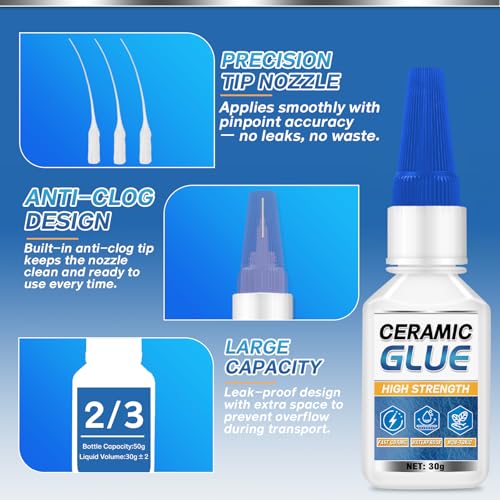 Ceramic Glue Repair Kit, 30g Ceramic Glue for Pottery, Porcelain, Mugs, Dishes, Glass and More, Waterproof & High Temperature Resistant