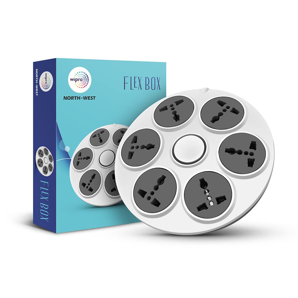 Wipro North West UFO 6+1 Flex Box with 6 Universal Socket & Single Switch | 2 meter long Extension Cord | Ultra smooth Rotation | Round Powerstrip for Home, Office | Pack of 1 | Grey & White