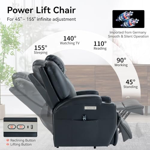 Image of Recliner Lift Chair with Massage and Heating Function,Power Lift Recliner Chair for The Elderly with USB and Type-C Ports,Extended Footrest,2 Cup Holders,PU Leather Black