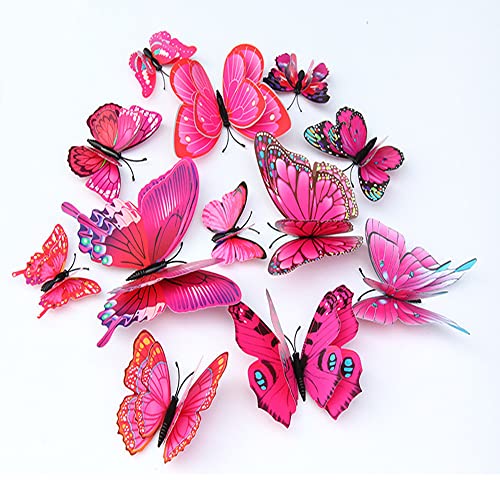QGHSkOMk 12Pcs 3D butterfly wall decorations stickers Decor Wall Art Hanging Ornament Sculpture Garden Statues For Indoor Home Living Room Bedroom Outdoor backyard Porch (Rose red) - Image 2