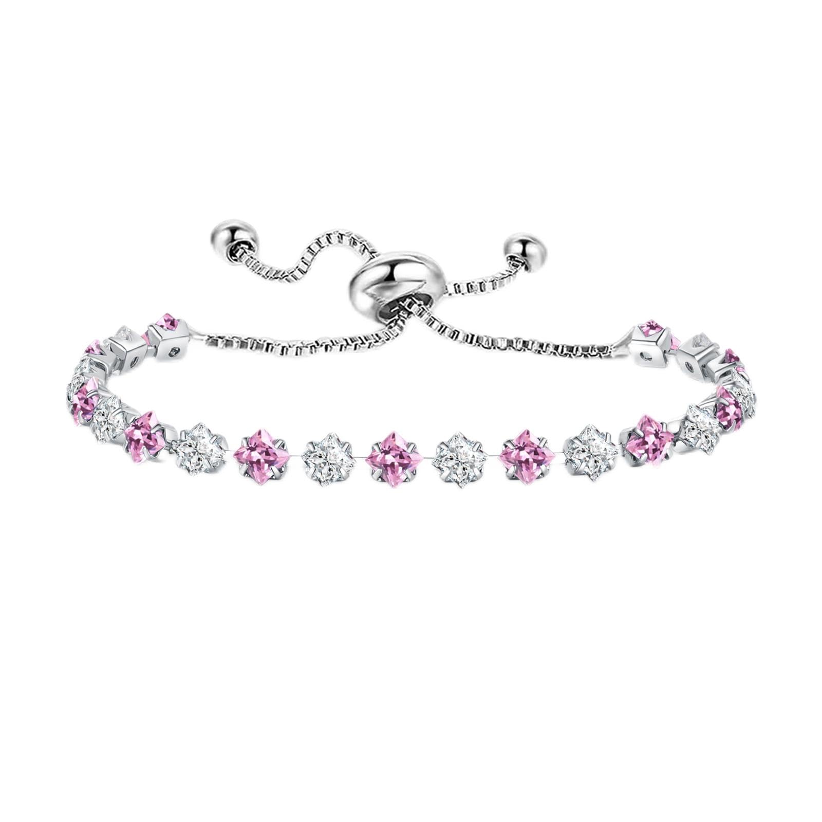 Birthstone Bracelet for Women, Silver Tennis Bracelet with Cubic Zirconia Adjustable Slider Rhinestone Bracelet Christmas Birthday Anniversary