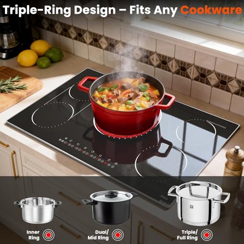 Image of Hobsir 36 Inch Built in Electric Cooktop, 9600W 5 Burner Electric Stove Top with BBQ Function & Triple Ring, 9-Level Power, 99Min Timer & Safety Lock, Cook Top with Glass Metal Frame, 220V Hardwired