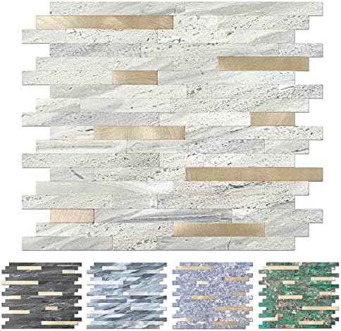 STICKGOO 1 Sheet Peel and Stick Backsplash Tile for Kitchen/Bathroom/Laundry Room/Fireplace/RV, Beige Travertine with Metal Gold