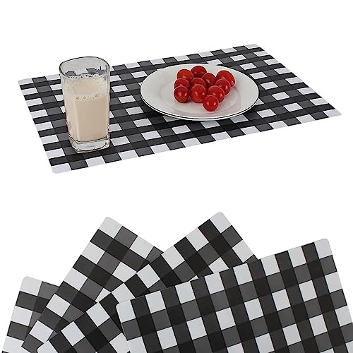 Jsenvpon Buffalo Plastic Check Plaid Placemats Wipeable Easy Clean Washable Table Mats for Dining Table Heat Resistant Placemat Rectangular Black and White Place mats Set of 4(4, Black & White)