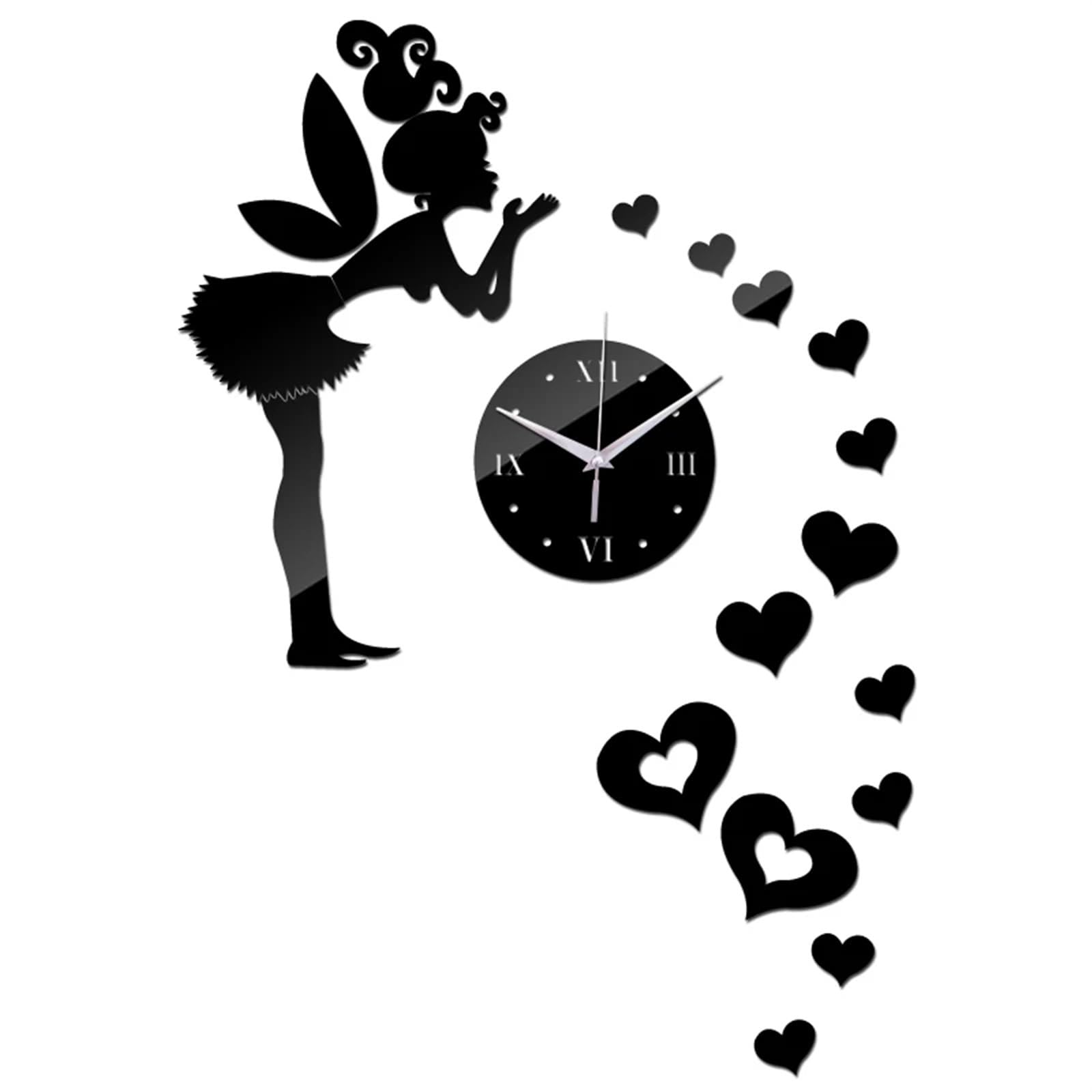 clock, Diy Mirror Material Wall Sticker Watches Hearts Decor Special(Black)
