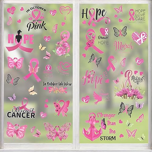 Hying 9PCS Breast Cancer Awareness Window Clings for Glass Windows Removable, Hope Fight Cancer Theme Pink Ribbon Window Sticker for Breast Cancer Awareness Supplies Party Decoration Accessories