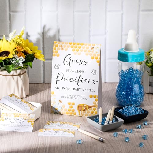 Image of Roowest 512 Pcs Baby Shower Games Guess How Many Pacifiers Sign 100 Small Guessing Games 10 HB Pencils 750ml Milk Bottle 400 Acrylic Pacifiers Decoration for Guest Gender Reveal(Blue,Bee)