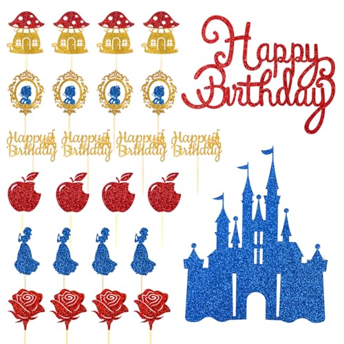 Wootkey 26Pcs Glitter Princess Cake Topper Set with Royal Blue Castle Happy Birthday Cake Toppers Red Rose Apple Cupcake Toppers for Princess Winter Wonderland Forest Baby Shower Halloween Party Decor