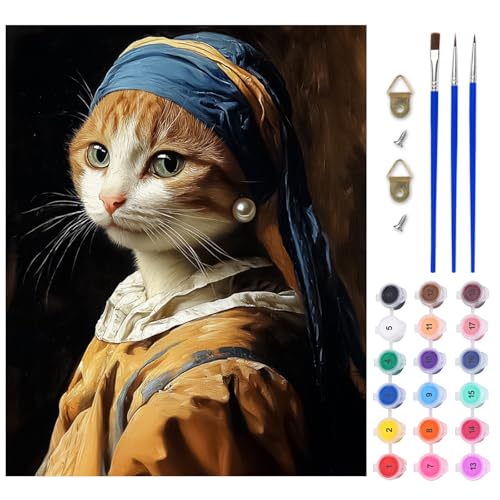 AIRDEA Pendiente Perla Gato Pintar por Numeros Adultos, DIY Pintura por Numeros Adultos, Gato Paint By Numbers Adult Pintura al óleo de Lienzo con Pinceles Pigmento Acrílico 40x50 cm (Sin Marco)