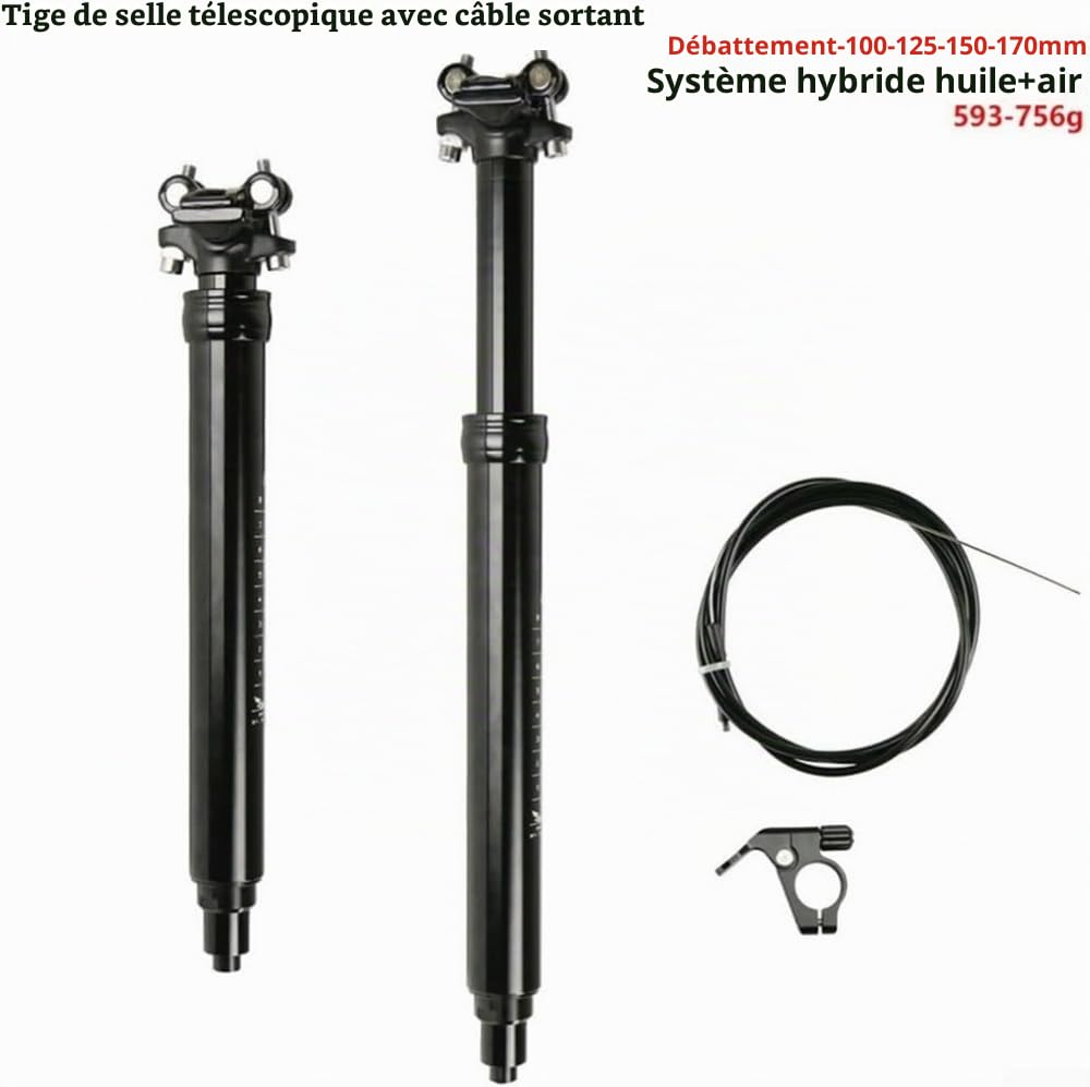 Tige de selle de vélo - Contrôle du fil de levage - Tige de selle télescopique de 31,6 mm - Débattement réglable de 100 à 170 mm
