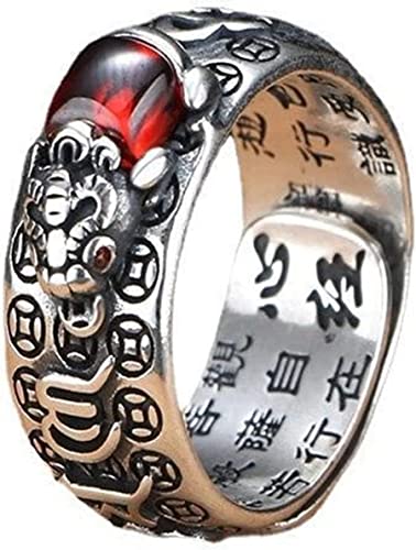 VIKIMO Anillo Feng Shui PiXiu de Sutra del Corazón Budista, 99 Plata Budista Buena Suerte Amuleto Mantra Doble Protección Riqueza Amor Salud Regalo for Hombres y Mujeres