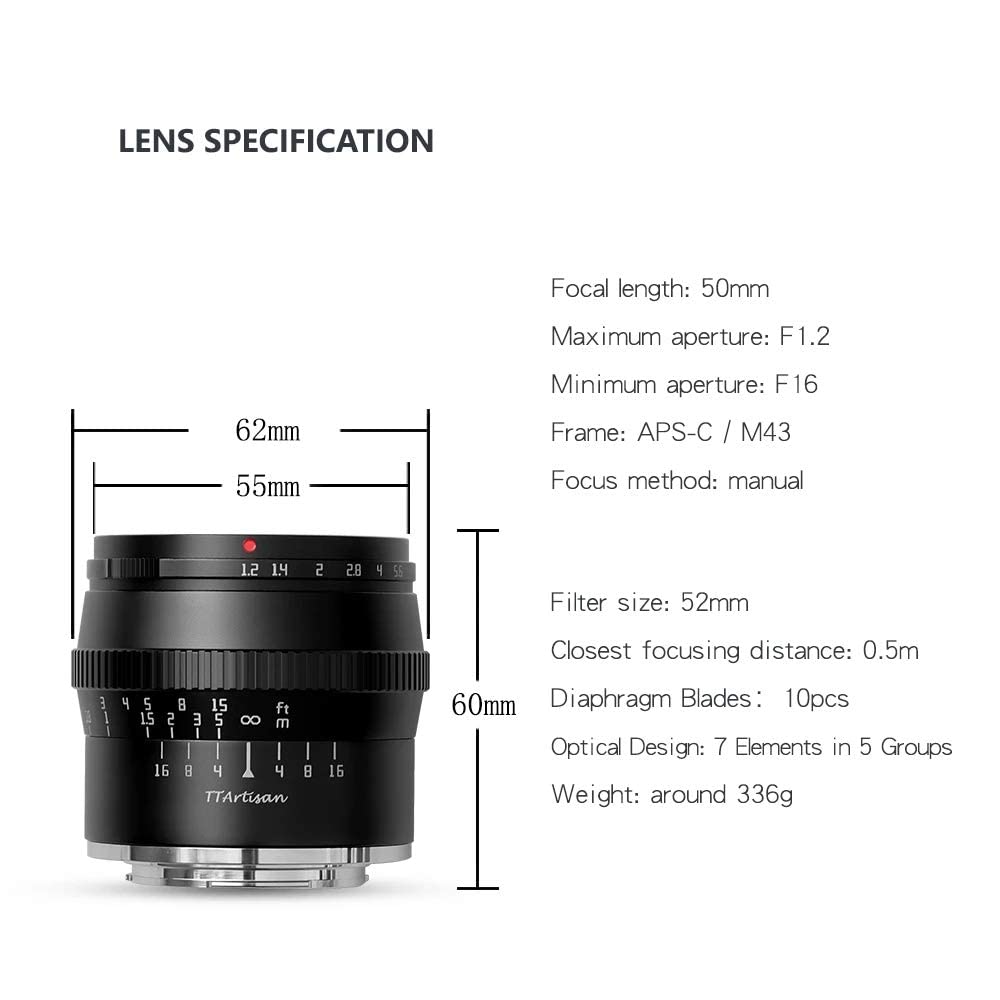 TTARTISAN 50mm F1.2 APS-C obiektyw do aparatu Wielka przesłona Ręczny fokus Obiektyw stałoogniskowy Kompatybilny z kamerą Fuji X Mount