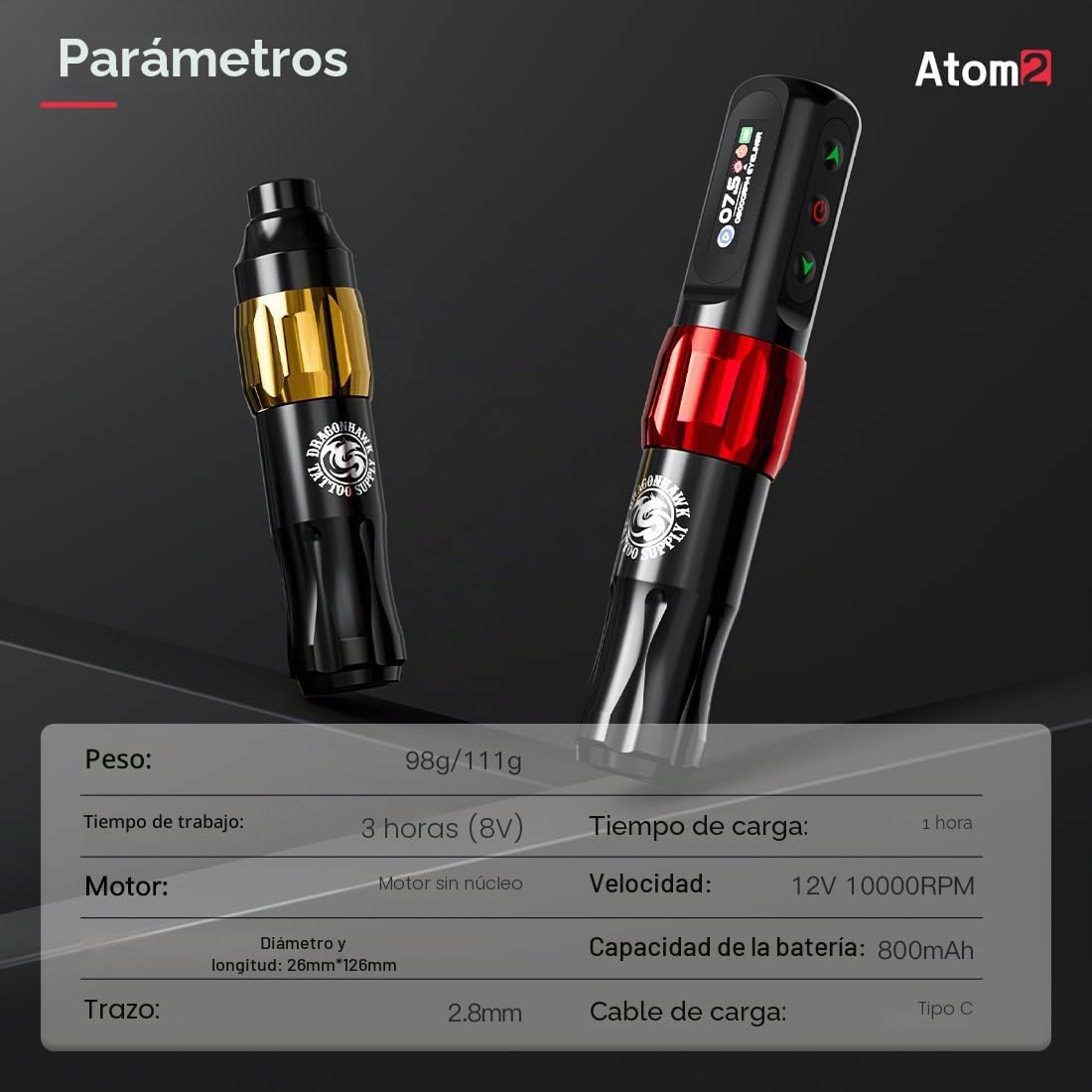 Dragonhawk Atom2 Máquina de Tatuar Rotary Tattoo Microblading Pen 2,8mm Strokes Length 1 Baterías & Conector RCA for Eyebrow Eyeliner Lip (RED 1 BATTERY)