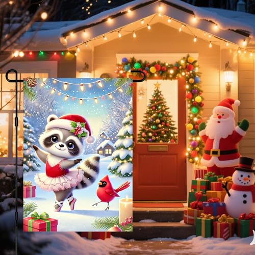 Image of BlissYard Garden Flag Raccoon Cabin Red Hat Winter 12x18 Inch Polyester