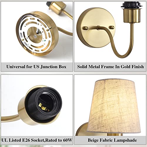 Image of LASENCHOO Gold Wall Sconce, 1 Pack Modern Sconces Wall Lighting Vintage Wall Light Fixtures with Fabric Lampshade, Bedside Wall Lamp for Bedroom Living Room Hallway Entryway, E26 Bulb (No Include)