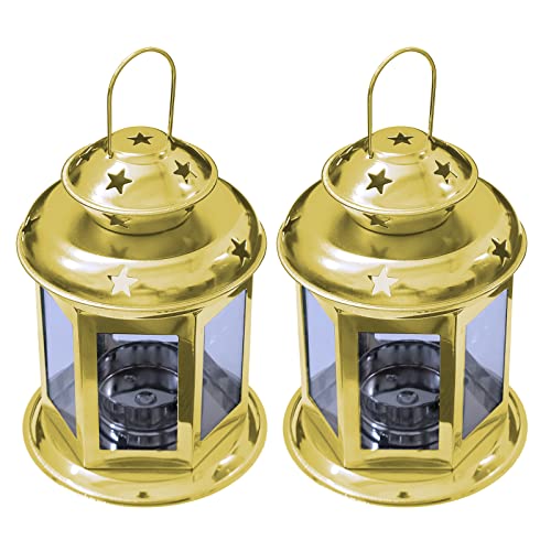 Pair of European Design Antique Glass Hanging Candle Lanterns with Stars Metal Frame Candlestick Holder Night Lamp, Romantic Xmas Wedding Party Decoration Original Package (Gold)