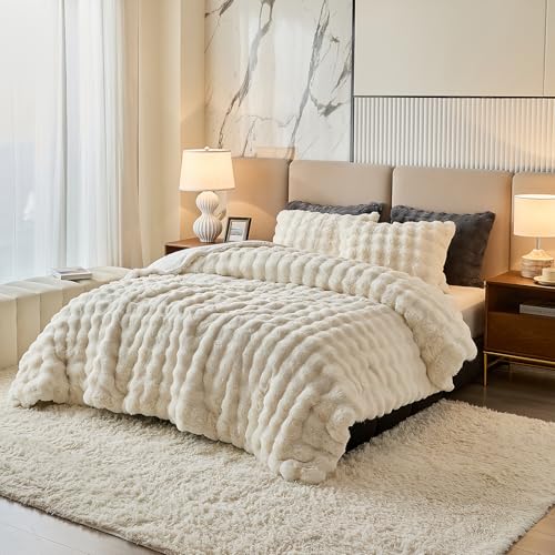 Faux Rabbit Fur Comforter Set 3P, Fluffy Warm Bedding, Beige